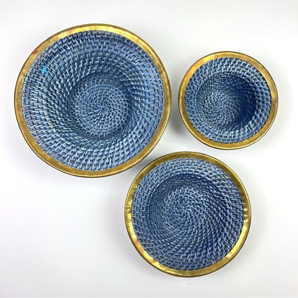 Vintage Set Of 3 Handwoven Round Blue Baskets Bowls With Brass Edge